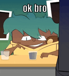 a cartoon character with green hair is sitting at a table with two shot glasses and says ok bro