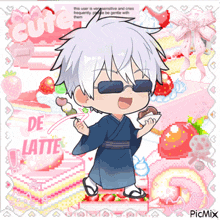 a pixel art of a boy holding a donut with the words de latte in the background