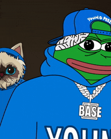 a cartoon frog wearing a blue hoodie with the word base on the front
