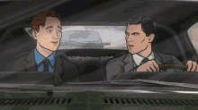 a cartoon of two men in suits and ties talking to each other