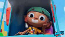 a cartoon character is driving a blue truck with the word mojo on it