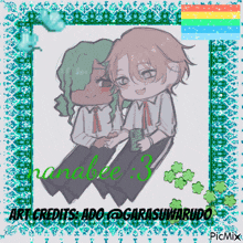 a drawing of a boy and a girl with the words art credits ado @ garasuwarudo