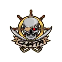 a pirate emblem with a skull and swords and the word chata
