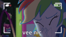 rainbow dash from my little pony equestria girls crying with the words vee nic below her