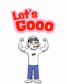 a cartoon man is flexing his muscles in front of a sign that says let 's good