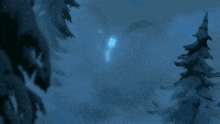 a drawing of a snowy forest with a glowing object in the sky