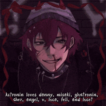 a drawing of a boy with red hair and a devil hat