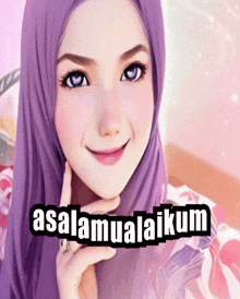 a woman wearing a purple hijab is smiling with the words " assalamualaikum " below her