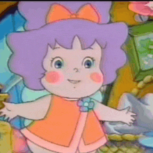 a cartoon of a little girl with purple hair and a bow