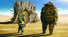 a cartoon drawing of two men standing in front of a pile of logs