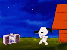 a cartoon of snoopy dancing in front of a boom box