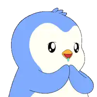 a blue and white penguin with a tear coming out of its mouth