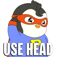 a penguin in a superhero costume with the words use head written below it