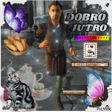 a picture of a man and a cat with the words dobro jutro caffeine !!!