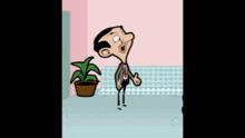 a cartoon character is standing in front of a couch and a potted plant