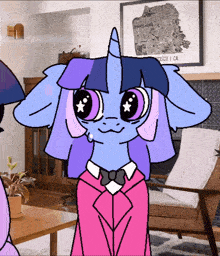 a cartoon drawing of a unicorn in a living room with a map of san francisco on the wall