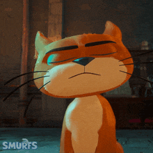 a cartoon cat with smurfs written on the bottom right