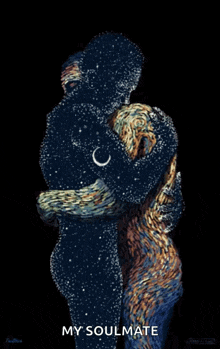 a painting of a man and woman hugging with the words my soulmate above them