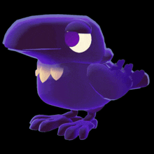 a purple bird with a large beak and a yellow eye
