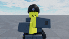a yellow roblox character wearing a black beanie and holding a black shield