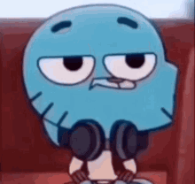 gumball from the amazing world of gumball is wearing headphones and looking at the camera .