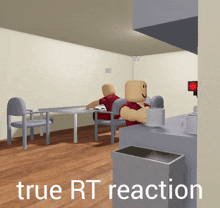 a cartoon character sitting at a table with the words true rt reaction below him