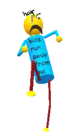 a pixel art of a cartoon character holding a bat with the word hair written on it
