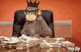 a monkey wearing sunglasses and a crown sits at a table surrounded by money