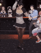a woman in a maid outfit is dancing in front of a group of anime characters