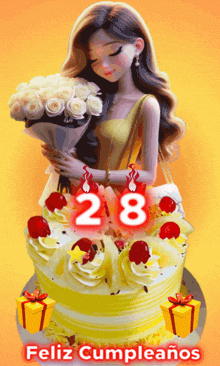 a birthday cake with the number 28 on it and a girl holding a bouquet of flowers