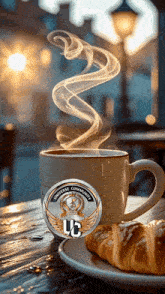 a cup of coffee with a logo that says universe community on it