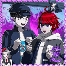 a couple of anime characters are standing next to each other with the words " i love my friends " on the bottom