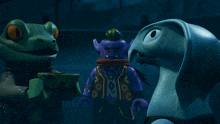 a group of cartoon characters including a frog and a snake are standing next to each other
