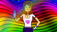 a cartoon girl giving a peace sign with a rainbow background