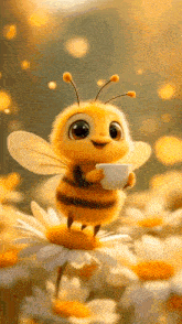 a bee is sitting on a daisy holding a cup of coffee .