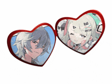 two heart shaped mirrors with a boy and a girl inside of them