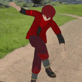a cartoon character is standing on one leg on a dirt path
