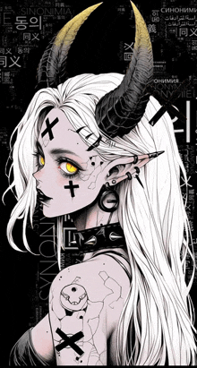 a drawing of a girl with horns and a tattoo on her arm