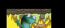 a cartoon of a frog sitting at a table with a cup of coffee