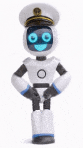 a robot wearing a captain 's hat and smiling with his hands on his hips