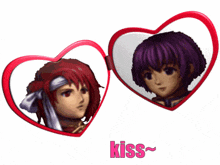 two anime characters in heart shaped frames with the word kiss written below them