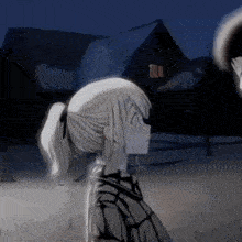 a couple of anime characters are standing next to each other in front of a house .
