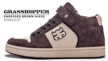 a pair of brown and white sneakers with the words grasshopper embossed brown suede # 2345-3-07