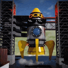 a cartoon rocket wearing sunglasses and the word rocket