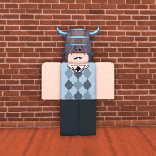 a roblox character is standing in front of a brick wall with horns on his head