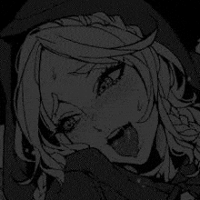a black and white drawing of a girl with her tongue out and a hood on .