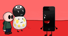 a cartoon character with the number 8 on his head stands next to a phone