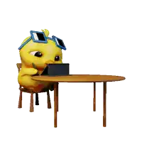 a cartoon chicken wearing sunglasses sits at a table