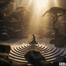 a man sits in a lotus position in a labyrinth with pixiz written on the bottom right