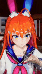a girl with orange hair is holding a glass in her hand